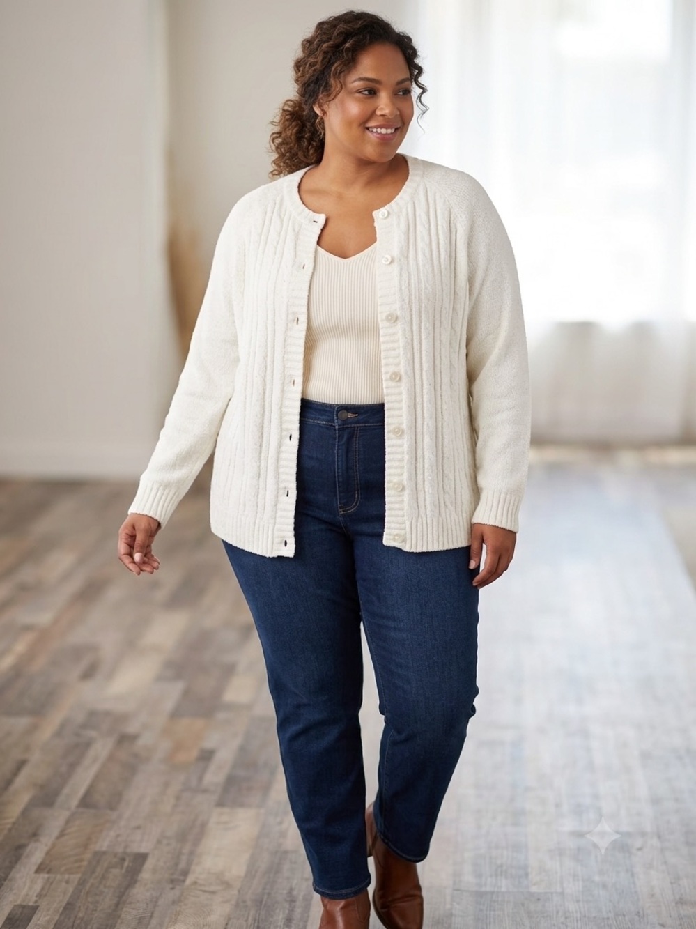 Antonia Cream Cable-Knit Button Cardigan Sweater - Women's Size 20